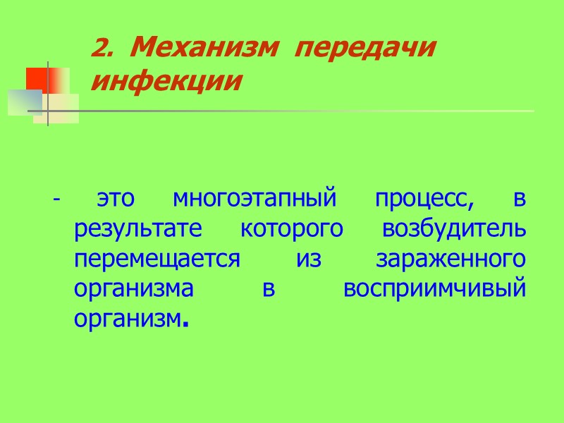 2.  Механизм  передачи  инфекции    - это многоэтапный процесс,